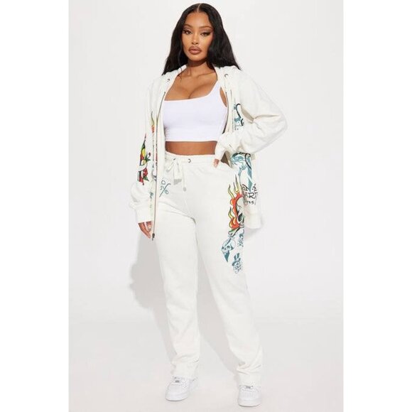 NWT ED HARDY IVORY FLAME SKULL WIDE LEG SWEATPANTS WOMENS SIZE XL - Picture 3 of 15